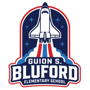 Guion S. Bluford Elementary School logo featuring a space shuttle launching among stars.